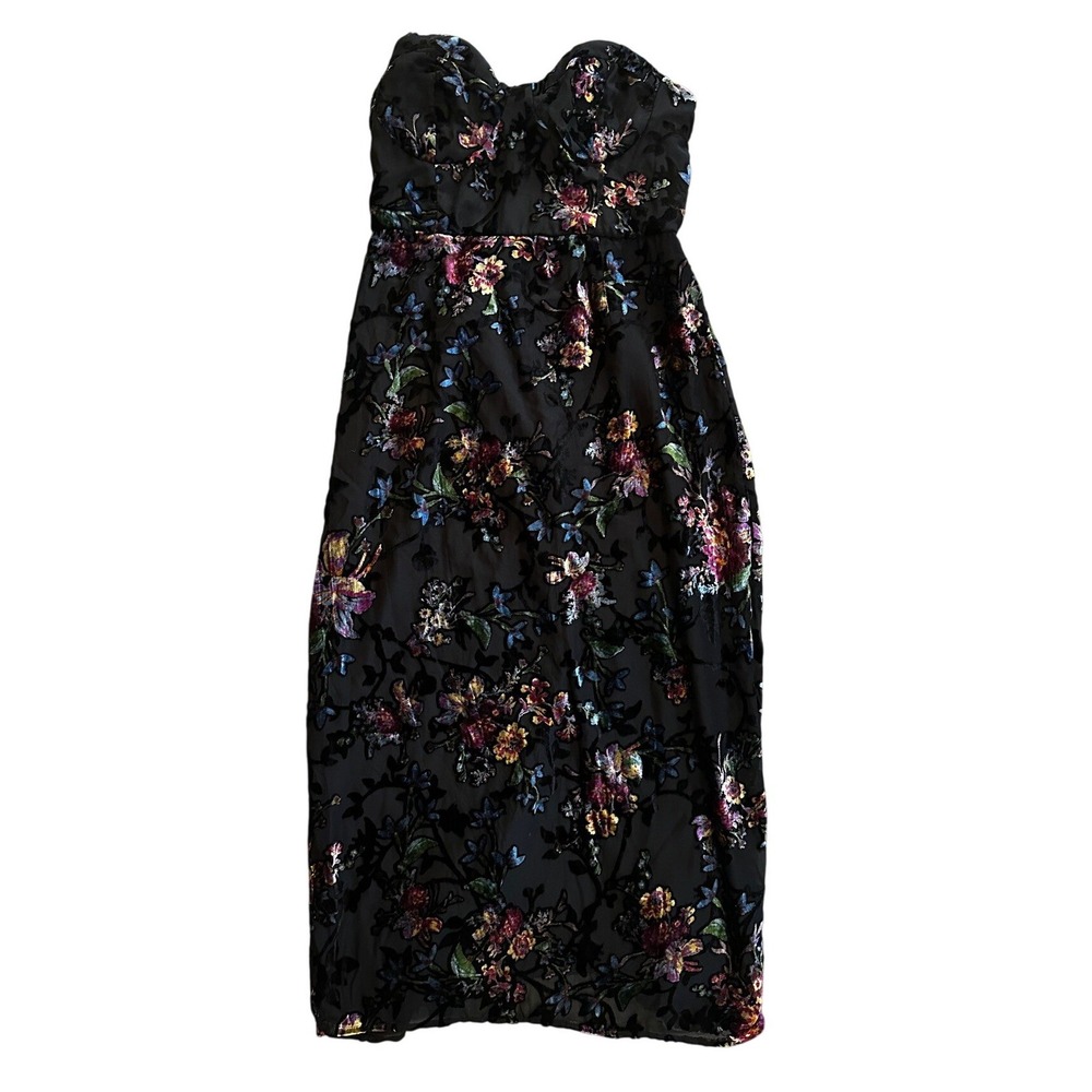 Lulus Black Floral Burnout Velvet Strapless Midi Dress Women's Medium - Picture 2 of 6